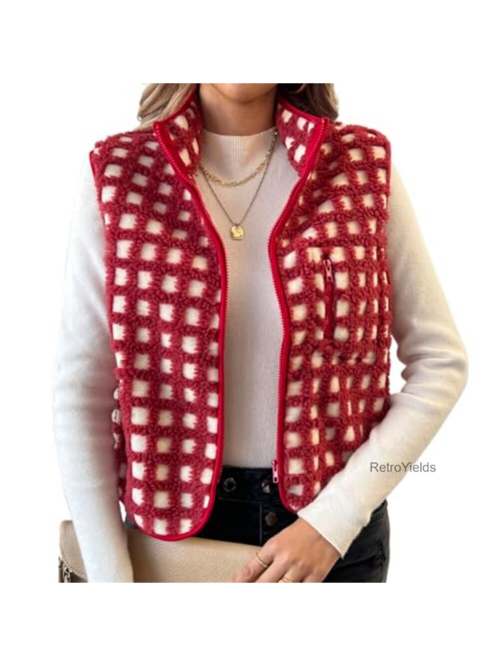 Womens Fuzzy Sherpa Fleece Vest Checkered Zip Up Sleeveless